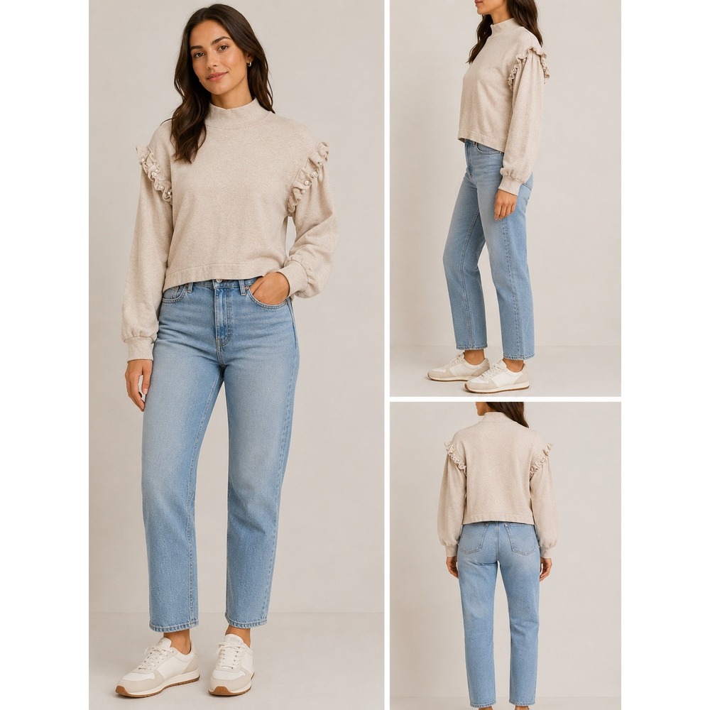 Mother of Pearl Organic Cotton Pearl Ruffle Mock Neck Sweatshirt Oatmeal Sz S